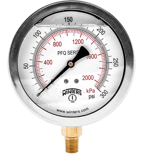 Winters PFQ714 Stainless Steel Quality Liquid Filled Pressure Gauge, 4" Dial 0-300 PSI/KPA 1/4"NPT Bottom Connection 