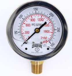 Winters PFQ807 Stainless Steel Liquid Filled Gauge, 2.5'' Dial, 0-300 PSI/KPA, 1/4'' NPT Bottom Mount 