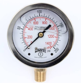 Winters PFQ806 Stainless Steel Liquid Filled Gauge, 2.5'' Dial, 0-200 PSI/KPA, 1/4'' NPT Bottom Mount 