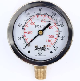 Winters PFQ805 Stainless Steel Liquid Filled Gauge, 2.5'' Dial, 0-160 PSI/KPA, 1/4'' NPT Bottom Mount 