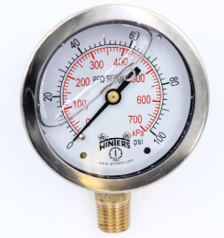 Winters PFQ804 Stainless Steel Liquid Filled Gauge, 2.5'' Dial, 0-100 PSI/KPA, 1/4'' NPT Bottom Mount 