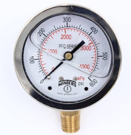 Winters PFQ808 Stainless Steel Liquid Filled Gauge, 2.5'' Dial, 0-600 PSI/KPA, 1/4'' NPT Bottom Mount 