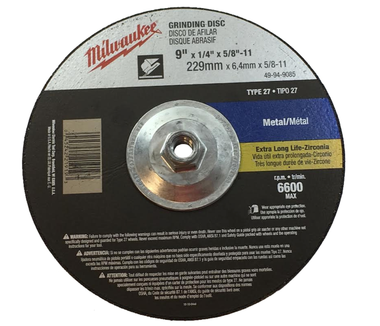 Milwaukee 49-94-9085 - 9" x 1/4" x 5/8-11" Grinding Wheel (ZA24R Type 27) for Metal Grinding 