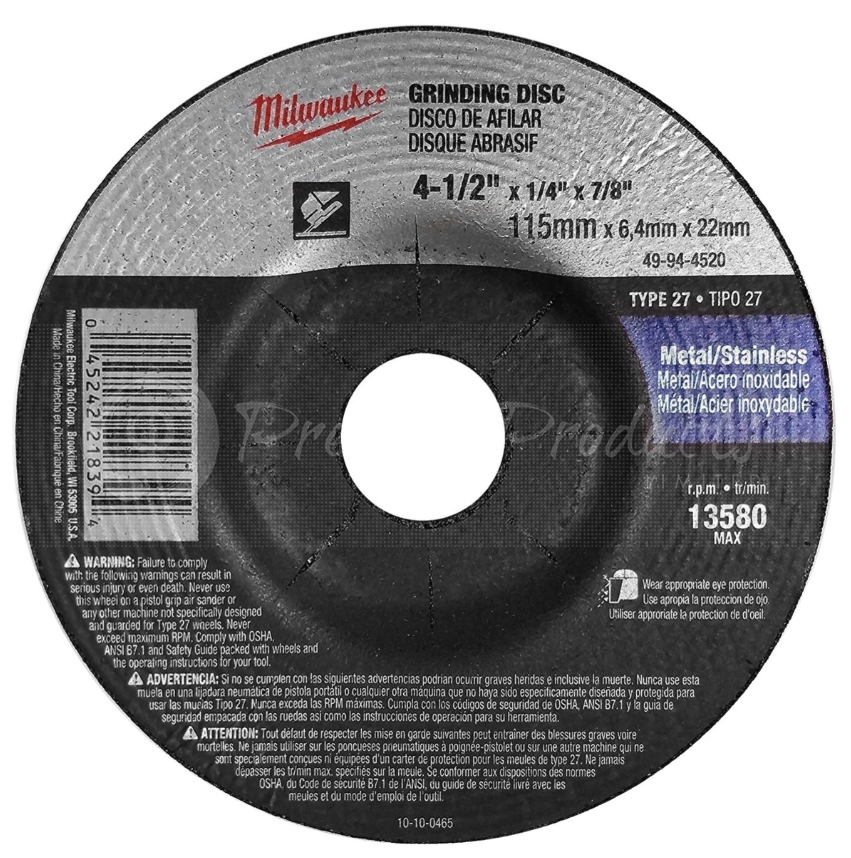 Milwaukee 49-94-4520 - 4-1/2" x 1/4" x 7/8" Grinding Wheel (A24R Type 27) for Metal/Stainless Grinding | Plumbers Center