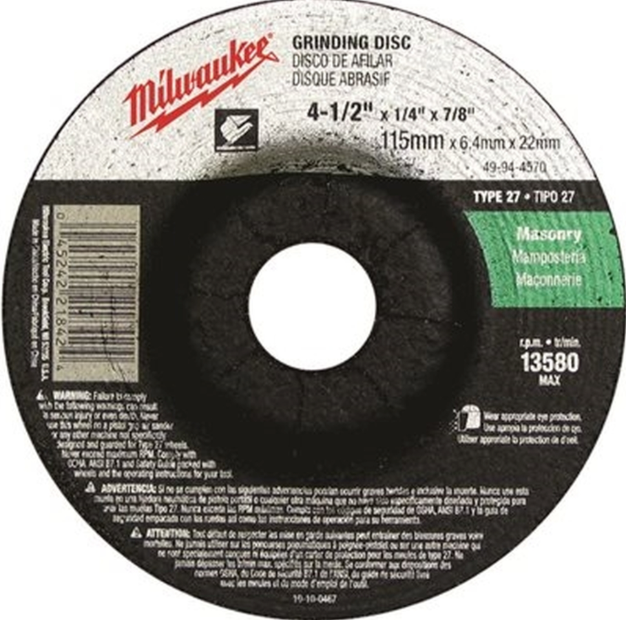 Milwaukee 49-94-4570 - Grinding Wheel 4-1/2" x 1/4" x 7/8" (C24T Type 27) for Concrete Grinding | Plumbers Center