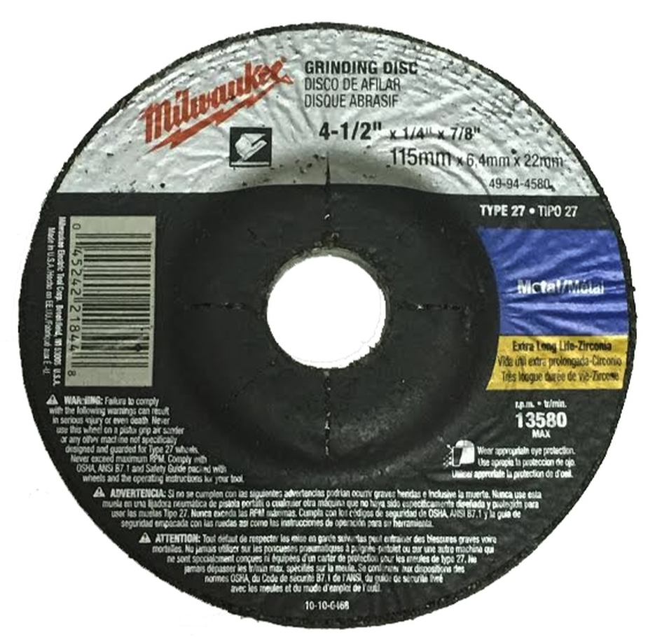 Milwaukee 49-94-4580 - 4-1/2" x 1/4" x 7/8" Grinding Wheel (ZA24R Type 27) for Metal Grinding