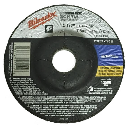 Milwaukee 49-94-4580 - 4-1/2" x 1/4" x 7/8" Grinding Wheel (ZA24R Type 27) for Metal Grinding