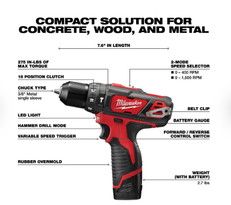 Milwaukee 2408-22 Cordless M12™ 3/8” Hammer Drill/Driver Kit Complete with Battery, Charger & Case