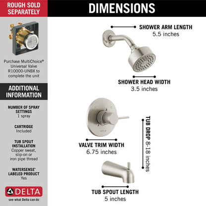 Delta T14459-SS-PP Modern Cylindrical Monitor 14 Series Tub and Shower Trim In Stainless 