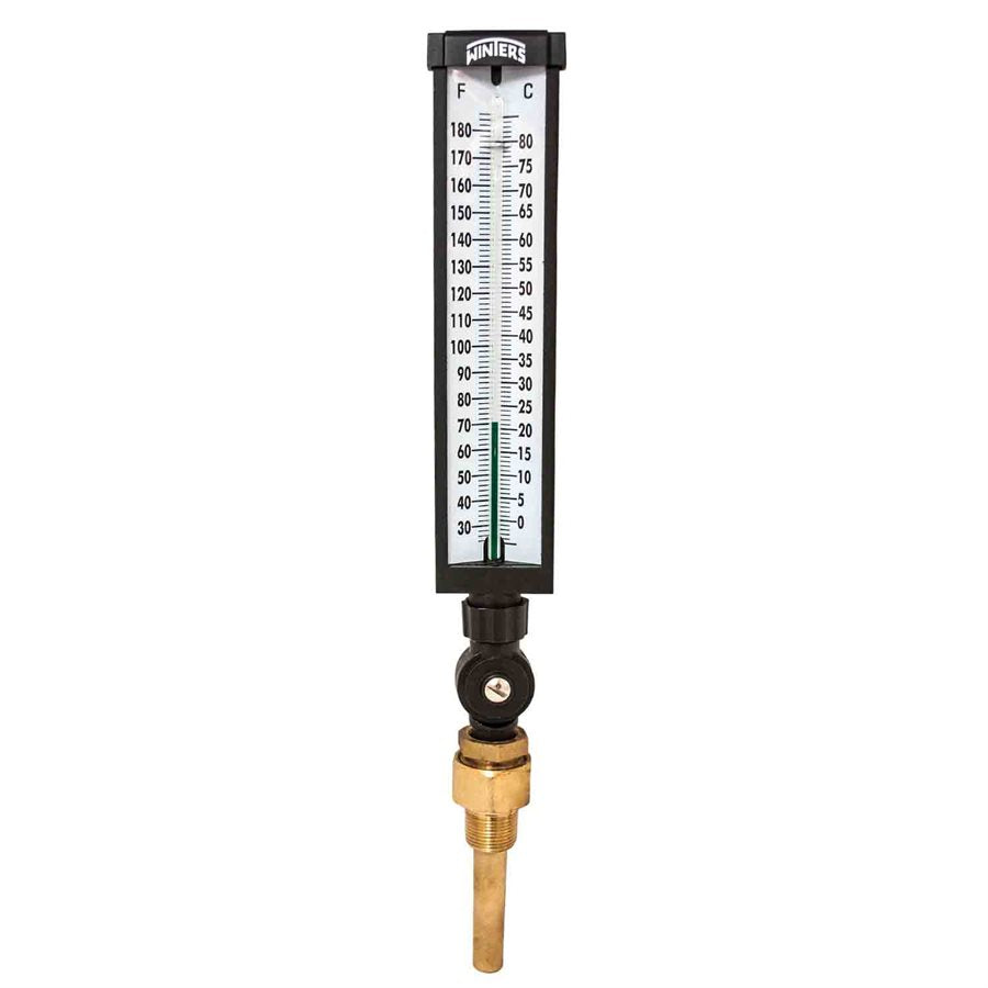 Winters TIM104A Industrial 9" Thermometer, 3.5" Stem with Aluminum Case, 30 to 180°F (0 to 80°C), 3/4"NPT Var Angle Brass Thermowell 