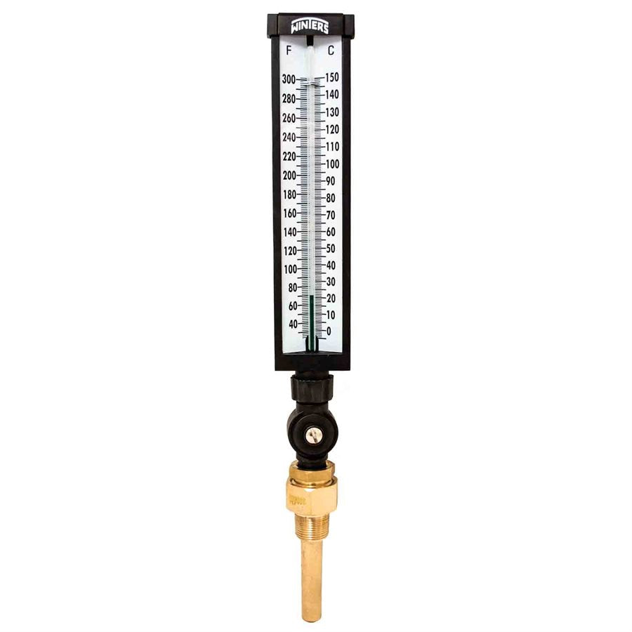 Winters TIM105A Industrial 9" Thermometer, 3.5" Stem with Aluminum Case, 30 to 300°F (0 to 150°C), 3/4"NPT Var Angle Brass Thermowell 