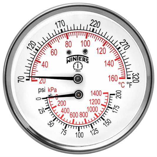 Winters TTD407 TTD Series Dual Scale Tridicator, 3'' Dial, 2.5" Stem, 0-200 PSI/KPA & 70-320 F/C, 1/2''NPT Connection, Center Back Mount 