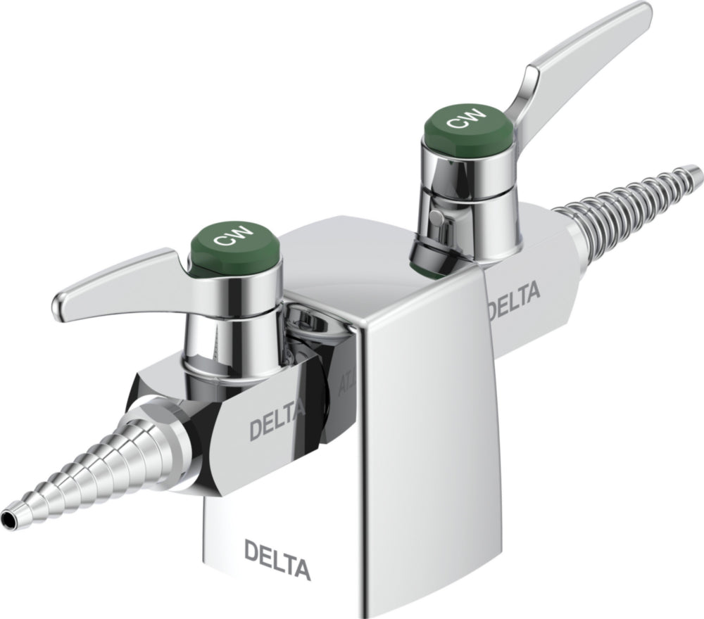 Delta W6225CW 3/8" 180-Degree Deck-Mount Double Turret Ball Valve Hose Cocks CW Indexed Handles for Cold Water in Chrome | Plumbers Center