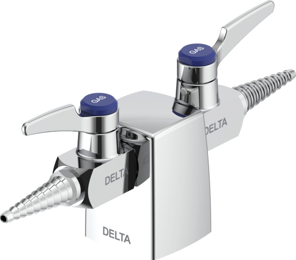 Delta W6225GAS Commercial 180-Degree 3/8" Deck-Mount Double Turret Ball Valve Hose Cocks for Natural Gas in Chrome Finish | Plumbers Center