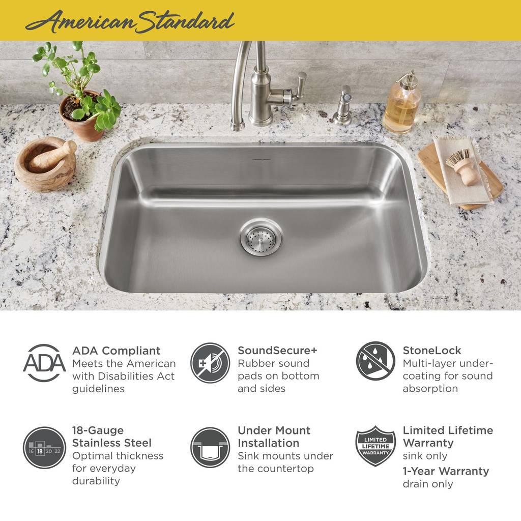 American Standard 18SB.9301800S.075 Portsmouth Undermount 30x18 Single Bowl Kitchen Sink in Stainless Steel 