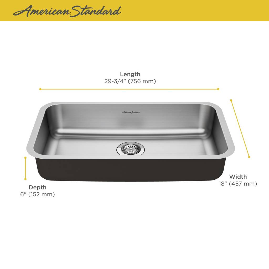 American Standard 18SB.9301800S.075 Portsmouth Undermount 30x18 Single Bowl Kitchen Sink in Stainless Steel 