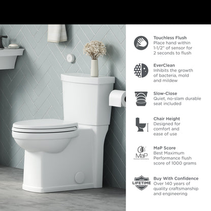 American Standard 240AA709.020 Estate Touchless Skirted Two-Piece Toilet, 1.28 GPF/4.8 LPF, Right Height Elongated With Seat, ADA Compliant, White