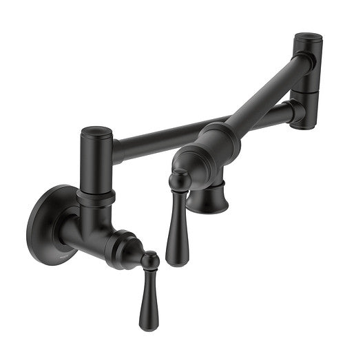 Moen S664BL Traditional Wall Mount 2-Handle Kitchen Pot Filler in Matte Black 