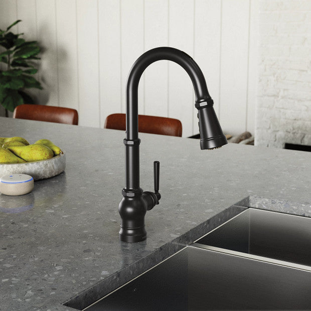 Moen S73004EV2BL Weymouth Motion Control Smart Kitchen Faucet with Pulldown Sprayer, Single Handle, Matte Black 